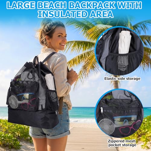 Mesh Beach Drawstring Backpack with Cooler Beach Bags Sandproof Swim Bags Leakproof with Zipper for Seaside Pool Travel - color: Black