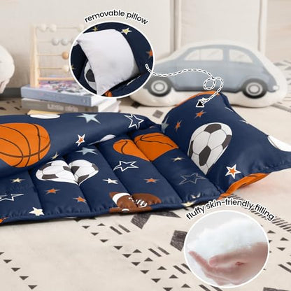 PHF Soft Toddler Nap Mat with Removable Pillow, Rollup Design Kids Sleeping Mat, Slumber Bags for Boys, 55"x23" Toddler Sleeping Bag for Daycare Preschool Travel Camping, Ball - color: Ball