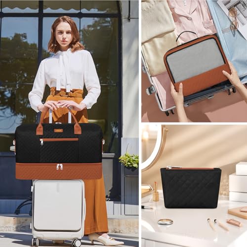 ITIEZY Weekender Overnight Bag for Women - Large Travel Duffel Bag with Shoe Compartment, Gym Duffel Bag Hospital Bag Carry On Tote Bags for Airplanes with Crossbody Bag Toiletry Bag 3Pcs Set - color: 9a-Black brown