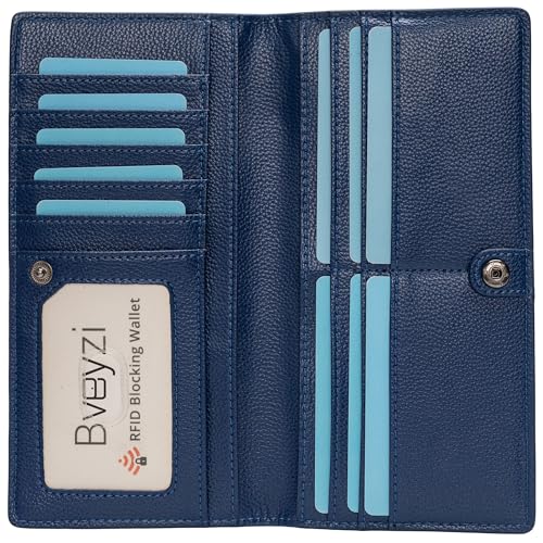 Bveyzi Ultra Slim Thin Leather RFID Blocking Credit Card Holder Bifold Clutch Wallets for Women - color: Navy Blue