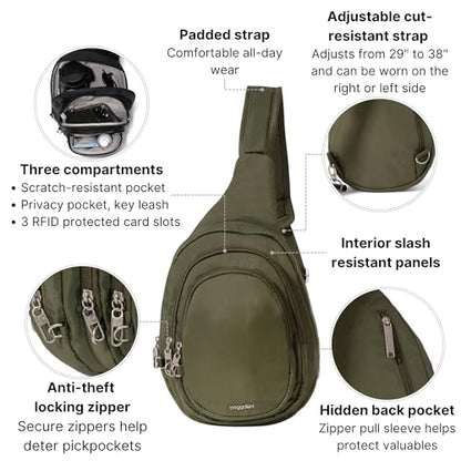 Baggallini Securtex® Anti-Theft Multi Zip Sling - Lightweight 8.6"x15.2" Travel Bag with Locking Zippers & RFID Protection - color: Thyme