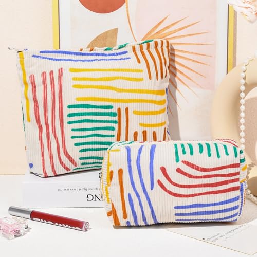SOIDRAM 2 Pieces Stripes Makeup Bag Large Corduroy Cosmetic Bag Capacity Canvas Mix Travel Toiletry Bag Organizer Cute Makeup Brushes Aesthetic Accessories Storage Bag for Women, Stripes Mix Colorful - color: Colorful Stripes