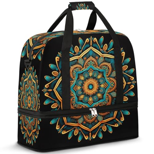 Travel Duffle Bags With Shoes Compartment for Women Men Mandala Flower Ethnic Boho Lightweigh Sports Tote Gym Bag Foldable Canvas Weekender Overnight Carry On Luggage Handle Bag - color: A06:print 1