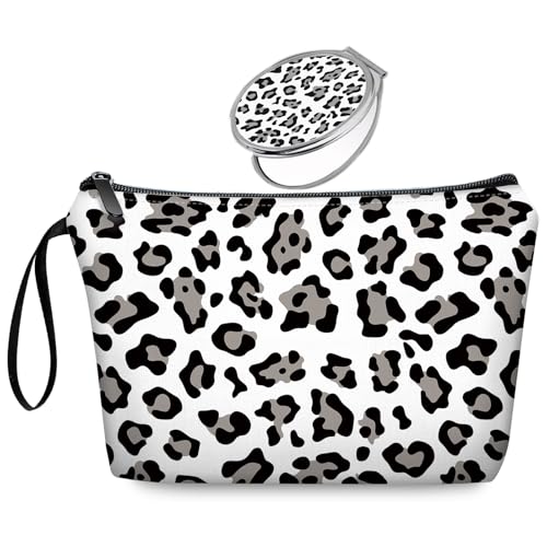 White Background Black Grey Leopard Makeup Bag Set Gift with Mirror, Unique Leopard Print Cosmetic Pouch for Bridesmaid Bride, Trendy Animal Print Zipper Clutch for Bachelorette Party Gift - color: Black Leopard Print-white-2S