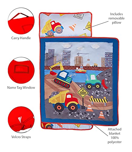 EVERYDAY KIDS Toddler Nap Mat with Removable Pillow -Under Construction- Carry Handle with Fastening Straps Closure, Rollup Design, Soft Microfiber for Preschool, Daycare, Sleeping Bag -Ages 2-6 years - color: Under Construction