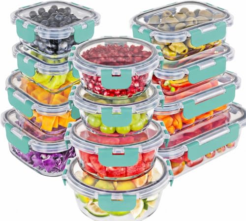 Magic Mill Premium Borosilicate Glass Food Storage Containers with lids Set | 24pc Sets with 12 Bowls & 12 Airtight Locking Lids for Lunch & Meal Prep, Safe for Oven, Freezer, Dishwasher, BPA-Free - color: Turquoise