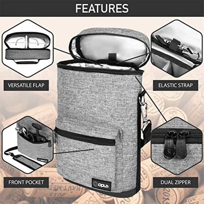 opux Wine Bag 2 Bottle Wine Tote Carrier, Insulated Wine Cooler Bag for Travel Picnic, Leakproof Portable Padded Case, Wine Gifts For Women Men Wine Lovers Christmas, Heather Gray - color: Heather Grey