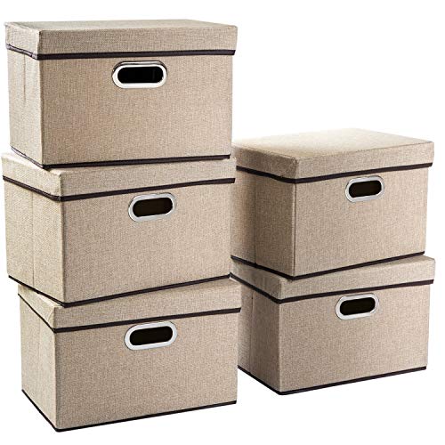 PRANDOM Collapsible Storage Containers with Lids [5-Pack] Jute Fabric Foldable Storage Bins Boxes Organizer Baskets Cube with Cover for Home Bedroom Closet Office Nursery (14.9x9.8x9.8) - color: Khaki, size: M(5-Pack)