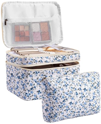HBselect 2Pcs Travel Makeup Bag, Large Cotton Quilted Makeup Bag Cosmetic Bag Cute Make up Bag Toiletry Bags for Women Girls - color: 2PCS-Quilted Makeup Bag 4