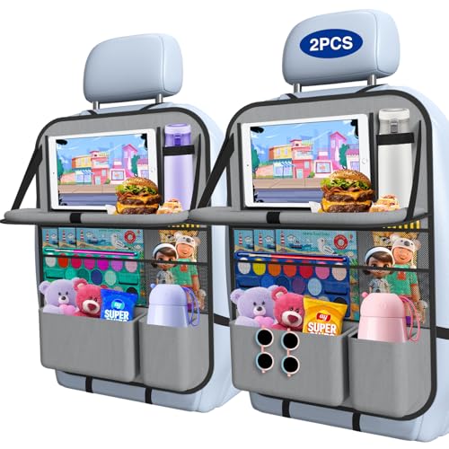 2PACK-Car Backseat Organizer with Touch Screen Tablet Holder,9 Storage Pockets Storage Organizer with Foldable Food Tray, Protector Kick Mats for Kids, Travel Accessories Organizer (Grey) - style: 2 Pack with Food Tray-Grey