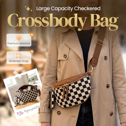 Checkered Crossbody Bag for Women Nylon Bum Bag Spacious Fanny Pack Adjustable Strap Lightweight Travel Everyday Purse Water Resistant Handbag (Woven Black) - color: Woven Black