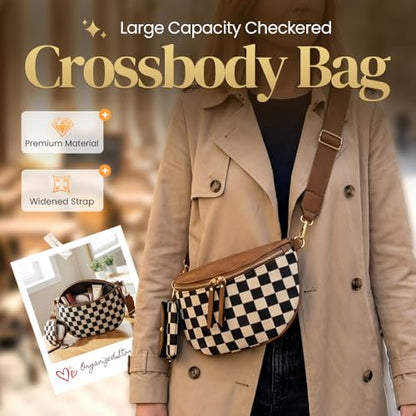 Checkered Crossbody Bag for Women Nylon Bum Bag Spacious Fanny Pack Adjustable Strap Lightweight Travel Everyday Purse Water Resistant Handbag (Solid Brown) - color: Solid Brown