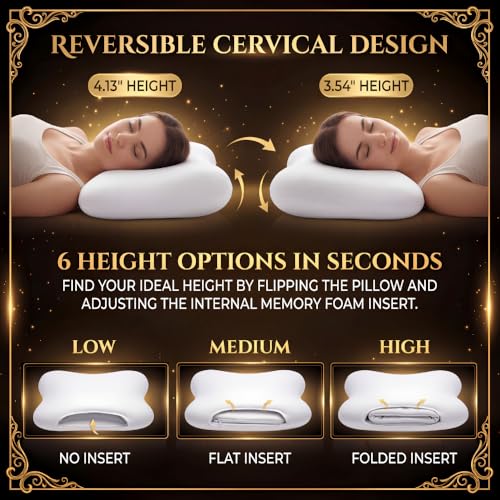 Low-Profile Cervical Memory Foam Pillow for Side & Back Sleepers, Ergonomic Neck Support, Cool-Touch Cover, Gentle Contour Design, Thin Zip Spacer Pouch & Sleep Eye Mask Included