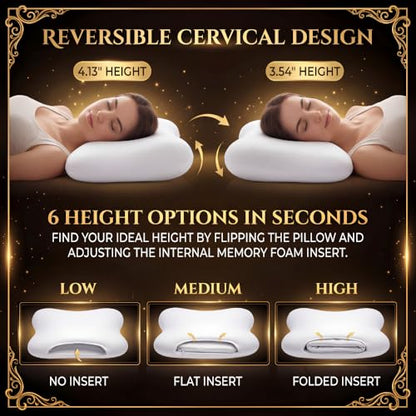 Low-Profile Cervical Memory Foam Pillow for Side & Back Sleepers, Ergonomic Neck Support, Cool-Touch Cover, Gentle Contour Design, Thin Zip Spacer Pouch & Sleep Eye Mask Included