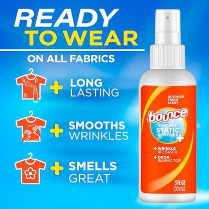 Bounce Anti Static Spray, 3 in 1 Instant Anti Static Spray & Instant Wrinkle Release, Odor Eliminator & Fabric Refresher, Travel Size (3 Oz,Pack of 3)
