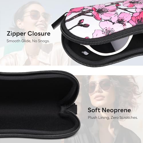 Sunglasses Case with Belt Clip, Ultra Light Neoprene Zipper Soft Padded Glasses Case for Women Men - color: Peony
