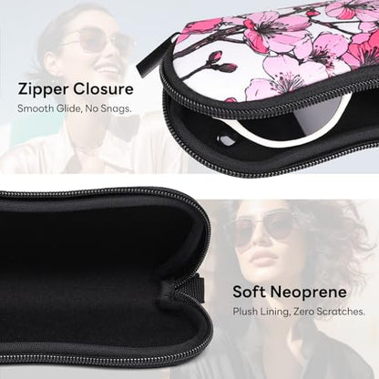 Sunglasses Case with Belt Clip, Ultra Light Neoprene Zipper Soft Padded Glasses Case for Women Men - color: Peony