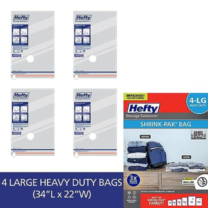 Hefty Vacuum Bags for Clothes 4 Pack, Space Saving Large Vacuum Storage Bags (34 X 22 Inches) Compression Seal for Bedding, Travel Pump Included (4 Large Heavy Duty) - size: 4 Large