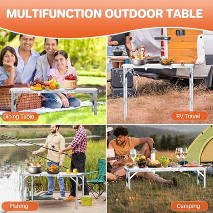 FUNYKICH 3ft Portable Folding Table with 3 Adjustable Height, 34.2'' Lx15.7'' W Camping Tables, Lightweight Aluminum Outdoor Picnic Table with Carry Handle for Car Camping, Outdoor Dining, Beach - size: 34.2''x15.7''x27.5''(White)