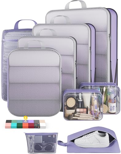 Veken 9/11 Set Compression Packing Cubes for Travel Essentials,Compressible Expandable Large Luggage Suitcase Organizer Bags for Clothing,Durable Space Saver Storage Bags(Purple Gray) - color: Purple Gray, size: 9 set