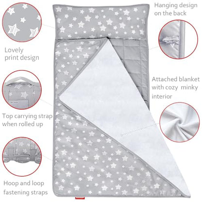 Toddler Nap Mat 2 Pack, Nap Mat for Kids Preschool, Daycare and Fleece Minky Blanket, Lightweight, Soft, Gray and Pink - color: Gray and Pink (Pack of 2)