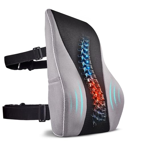TULARIS Extra Dense Lumbar Pillow with Double Adjustable Straps - Ergonomic Lumbar Support Pillow for Office Chair, Car, Couch Firm Back Support for Lower Back & Spine Pain Relief Memory Foam Cushion - color: Black & Gray