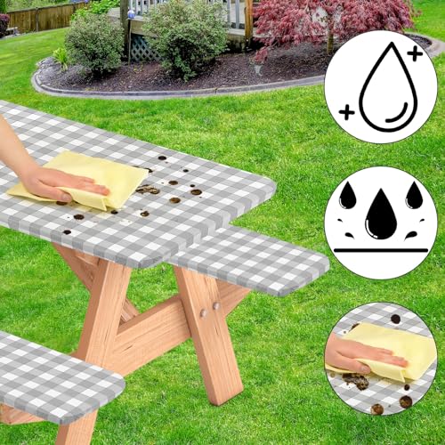 3 Pcs Set Fitted Picnic Table Cover with Bench Covers Vinyl Camping Table Cloth Flannel Backing Picnic Table Cloth for 6ft Tables Camping Outdoor (Gray Checked, 30 x 72 Inches) - color: Gray and White Plaid