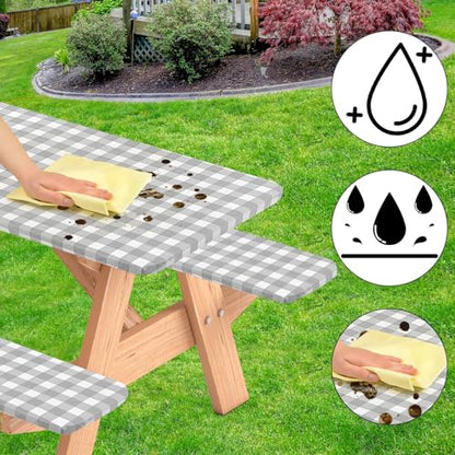 3 Pcs Set Fitted Picnic Table Cover with Bench Covers Vinyl Camping Table Cloth Flannel Backing Picnic Table Cloth for 6ft Tables Camping Outdoor (Gray Checked, 30 x 72 Inches) - color: Gray and White Plaid