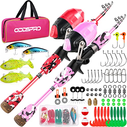 ODDSPRO Kids Fishing Pole Pink, Portable Telescopic Fishing Rod and Reel Combo Kit - with Spincast Fishing Reel Tackle Box for Girls, Youth - color: 2 pack (Light Pink+Red), size: 4.92 ft