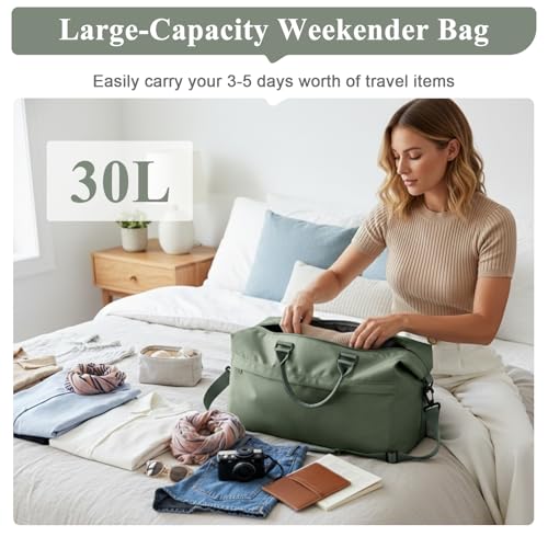 Travel Duffel Bag,Carry-On Overnight Weekender Bags for Women,Personal Item Travel Bag with Shoes Compartment,Sports Gym Bag - color: Green
