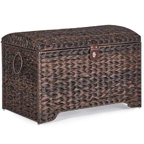 Honjourai Handwoven Storage Basket with Lid, 178L Plastic Rattan Storage Bin, Leather Buckle & Metal Frame, Large Metal Ring Handles, Storage Trunk for Bedroom, Laundry Room - color: Brown PE Rattan, size: 178L-Arched Lid