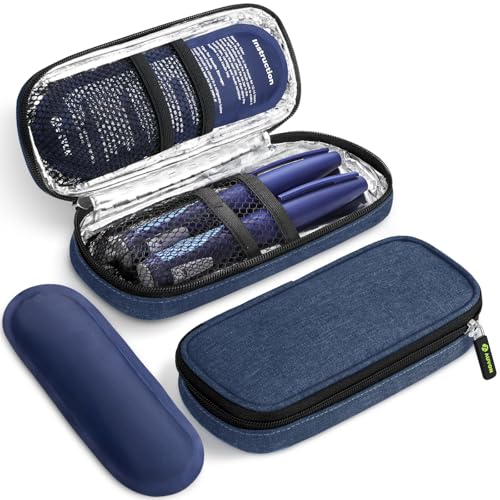 AUVON Insulin Pen Cooler Travel Case with 2 x 90g TSA Approved Ice Packs, Diabetic Medication Insulated Cooling Bag for Insulin Pens and Diabetic Supplies Storage, Compact for Daily Life and Trips - color: Navy Blue