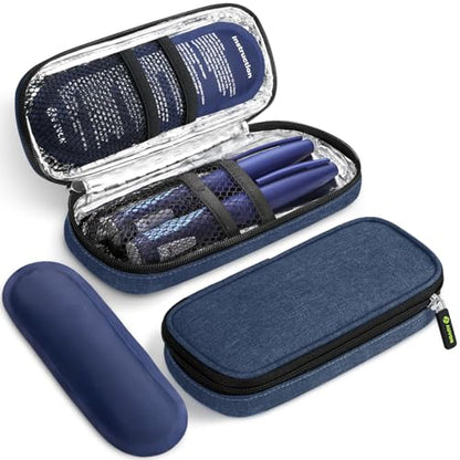 AUVON Insulin Pen Cooler Travel Case with 2 x 90g TSA Approved Ice Packs, Diabetic Medication Insulated Cooling Bag for Insulin Pens and Diabetic Supplies Storage, Compact for Daily Life and Trips - color: Navy Blue