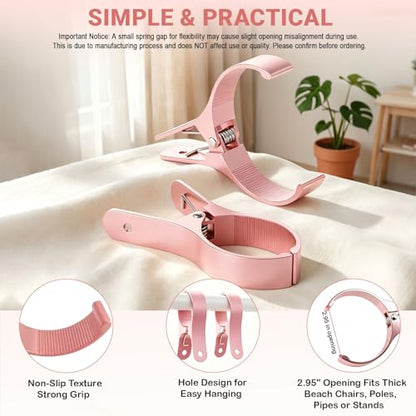 4 PCS Extra Large Beach Towel Clips,5.1 Inches Heavy Duty Aluminum Alloy + Stainless Steel Clip for Chairs,2.95 Inch Opening,Portable Windproof Cruise Ship Essentials,for Laundry,Camping and Travel - color: Pink