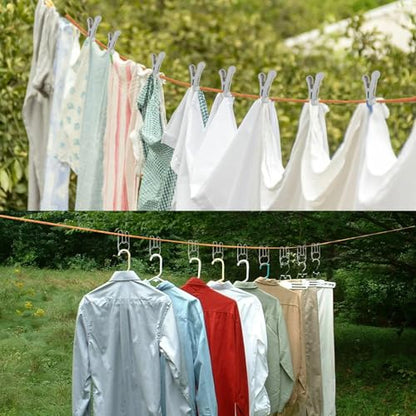 32Ft Portable Travel Clothesline Caudblor Adjustable Camping Clothes Laundry Drying Rope for Hotel Trip, Cruise, Outdoor/Indoor with 10 Windproof Clips, 10 Clothespins, 1 Storage Bag（Blue）