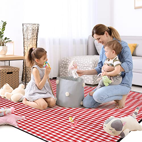 Extra Large Picnic Blanket, 80"x60" Waterproof Sandproof Beach Mat, Soft Foldable Outdoor Camping Mat with PU Carrier, Red White Plaid Portable Mat for Lawn, Grass, Travel & Park