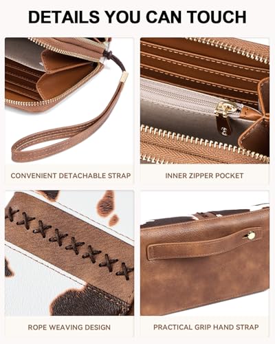BOSTANTEN Wallets for Women Leather RFID Double Zipper Around Credit Card Holder Large Capacity Wristlet Clutch Wallet - color: Brown Cow Print
