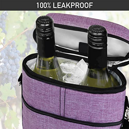 opux 2 Bottle Wine Carrier Tote, Insulated Leakproof Wine Cooler Bag, Wine Travel Bag for Picnic BYOB Beach, Portable Wine Bottle Carrying Case, Gift for Wine Lover Women Men Christmas, Purple - color: Heather Purple