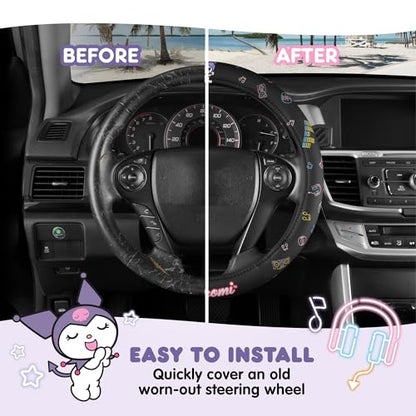 Sanrio Kuromi Car Trunk Organizer & Steering Wheel Cover Set – Cute, Non-Slip, Soft Grip Car Accessories for Women – Collapsible Storage Bin for Groceries, Tools & Travel – 12.5"L x 12.5"W x 9"H - style: Set Kuromi