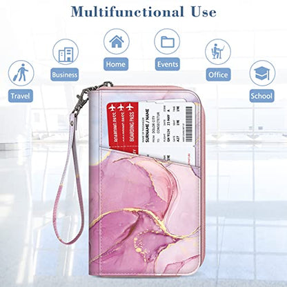 Fintie Family Passport Holder Wallet, RFID Blocking Travel Document Organizer Clutch Bag Credit Cards Case Cover for Women Men - color: Marble Pink