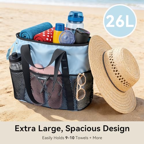 PASMAN Large Beach Bag with Zipper-8 Pockets Sandproof Beach Tote Bag for Women,Foldable Lightweight Family Swim Bag Vacation - color: Pink & Orange Stripe
