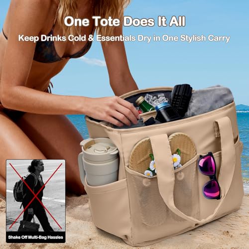 Odoland Soft Cooler Bag - Leakproof & Insulated, 2-in-1 Collapsible Design, Dry/Wet Separation, Large Soft Sided Cooler with Multi-Pocket Design for Beach, Picnic, Camping, Day Trip, Family Size - color: Khaki