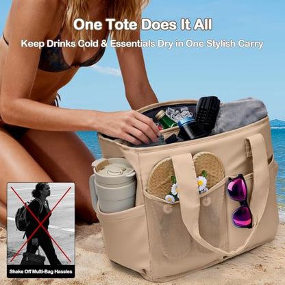 Odoland Soft Cooler Bag - Leakproof & Insulated, 2-in-1 Collapsible Design, Dry/Wet Separation, Large Soft Sided Cooler with Multi-Pocket Design for Beach, Picnic, Camping, Day Trip, Family Size - color: Khaki