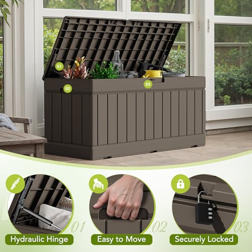 Devoko 78 Gallon Deck Box, Waterproof Resin Outdoor Storage Box for Outside and Patio, Outdoor Storage Bench Lockable for Patio Furniture, Garden Tools and Pool Supplies (Brown, 78 Gallon) - color: Brown, size: 78 Gallon 1 Pack