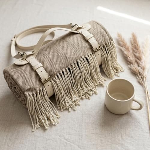 Picnic Blanket Extra Large Waterproof with Strap 59"x79" - Machine Washable Tassels Faux Wool Cashmere for Park, Grass, Camping, Hiking, Concerts (Deep Tan with white shoulder strap, 59"X79") - color: Deep Tan With White Shoulder Strap