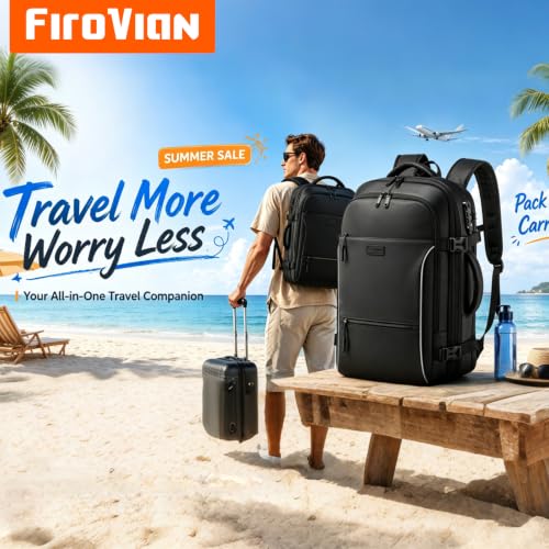 Vacuum Backpack Travel, 70L Expandable Carry On Backpack With Compression System, 2 Detachable TPU Vacuum Bags, TSA Lock, Water-Resistant, Fits 16" Laptop for Business & Travel