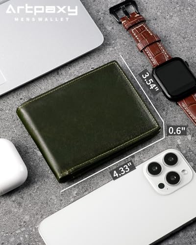 Artpaxy Mens Wallet Bifold Genuine Leather RFID Blocking Wallet for Men with 1 ID Windows 13 Card Holders 2 cash pockets 1 Gift Box - color: Green