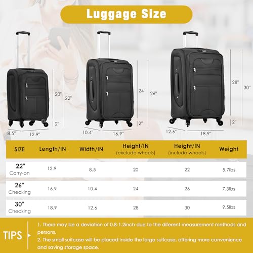 Merax Softside Luggage Set Softshell Lightweight 3 Piece Spinner Suitcase with Duffel Bag Expandable Upright Travel Luggage 22" 26" 30",Black - color: Black, size: 3-Piece (20/24/28+bag)