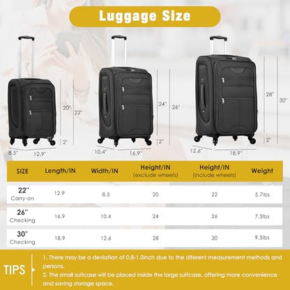 Merax Softside Luggage Set Softshell Lightweight 3 Piece Spinner Suitcase with Duffel Bag Expandable Upright Travel Luggage 22" 26" 30",Black - color: Black, size: 3-Piece (20/24/28+bag)