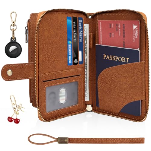 RFID Blocking Passport Wallet, Anti Theft PU Texture Passport Pouch with Tracker Case, Travel Document Organizer Zipper Wallet with Wrist Strap & Keychain, Gifts for Women and Men (Brown) - color: Texture-Brown